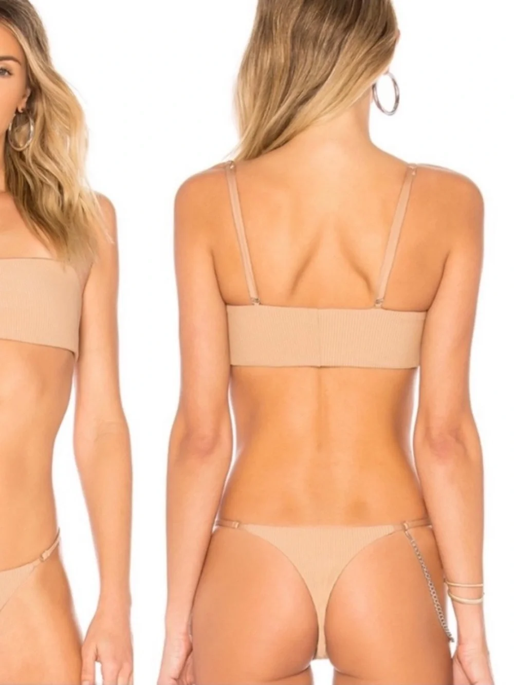 Frankies Bikinis Scarlet Ribbed Bandeau Bikini Set Top & Bottoms in Tan Nude